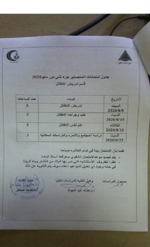جدول امتحان ماجستير جزء ثانى قسم تمريض الاطفال دور مايو 2020