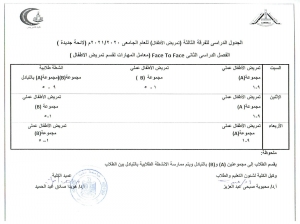 الجدول الدراسى للفرقة الثالثة ( تمريض الاطفال ) للعام الجامعى 2020/2021 م ( لائحة جديدة ) الفصل الدراسى الثانى face to face 