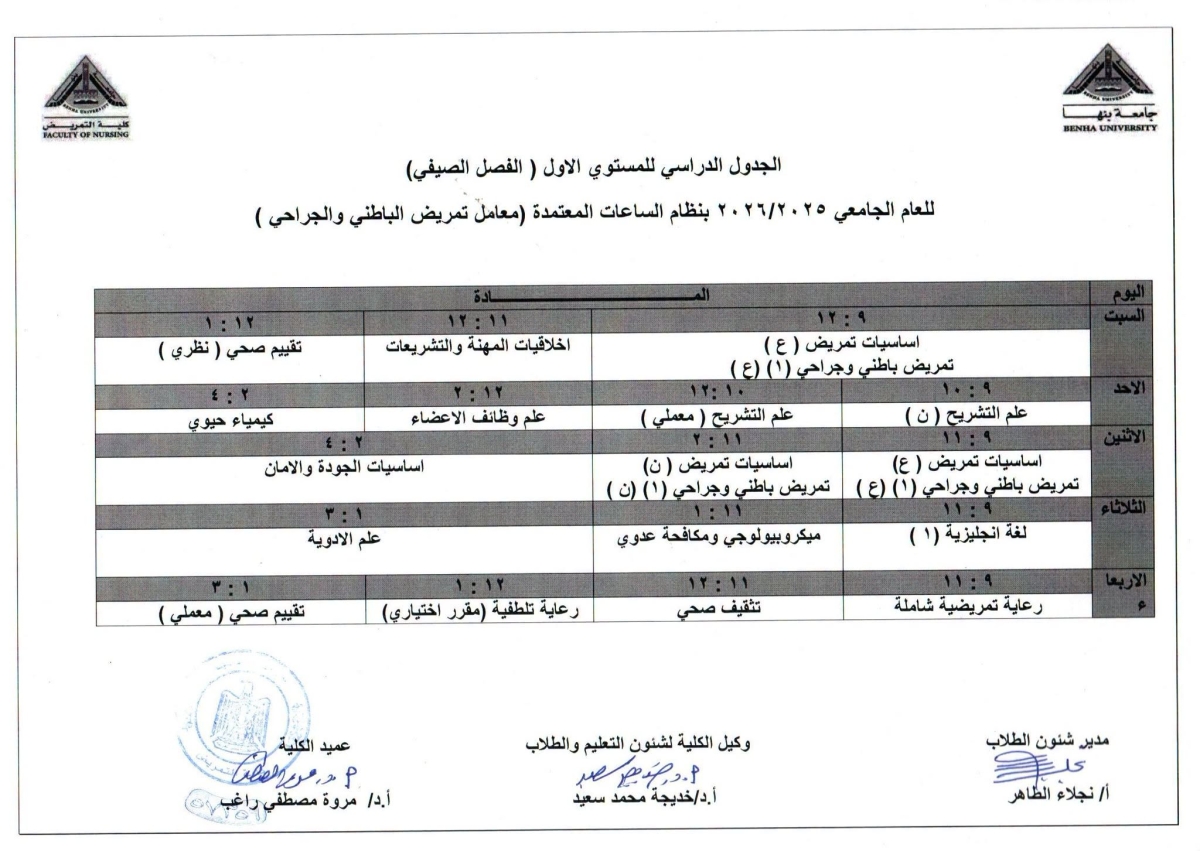 الجدول الدراسى للمستوى الاول ( الفصل الصيفى ) للعام الجامعى 2025/2026 بنظام الساعات المعتمده