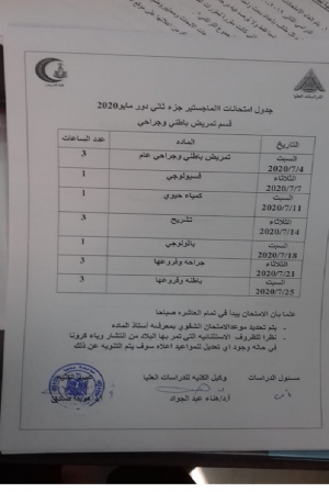 جدول امتحان ماجستير جزء ثانى قسم تمريض باطنى وجراحى دور مايو 2020