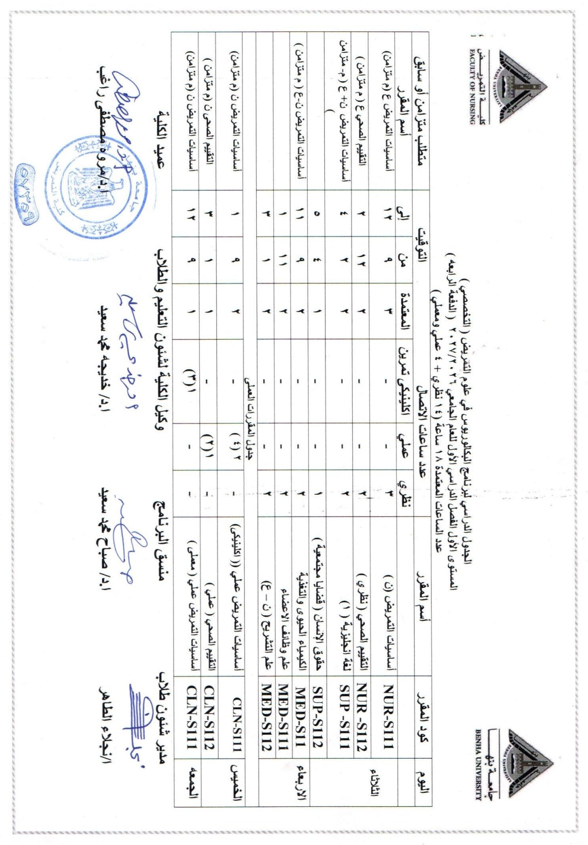 الجدول الدراسى لبرنامج البكالوريوس فى علوم التمريض ( التخصصى ) المستوى الاول الفصل الدراسى الاول للعام الجامعى 2026/2027