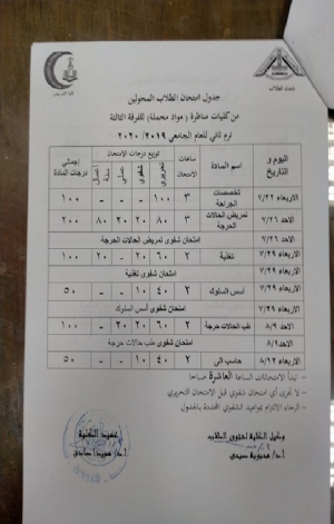جدول امتحان الطلاب المحولين من كليات مناظرة (مواد محملة ) للفرقة الثالثة ترم ثانى للعام الجامعى 2019/2020