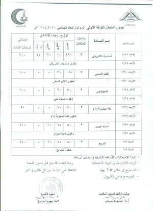 جدول امتحان الفرقة الاولى فصل دراسى اول للعام الجامعى 2020/2021