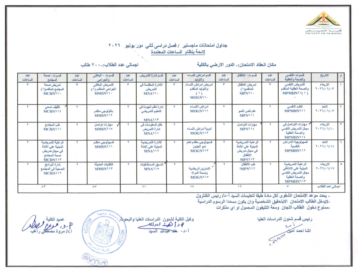 جدول امتحانات ماجستير / فصل دراسى ثانى دور يونيو 2026 لائحة بنظام الساعات المعتمدة