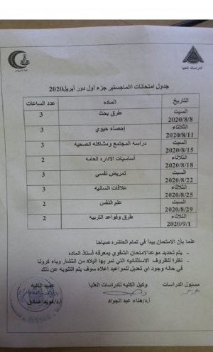 جدول امتحانات ماجستير جزء أول  دور ابريل 2020