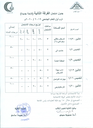 جدول امتحان الفرقة الثانية ( لائحة جديدة ) ترم اول للعام الجامعى 2019-2020