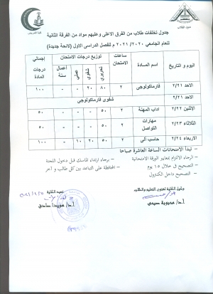 جدول امتحان تخلفات طلاب من الفرق الاعلى وعليهم مواد من الفرقة الثانية للعام الجامعى 2020/2021 للفصل الدراسى الاول لائحة جديدة