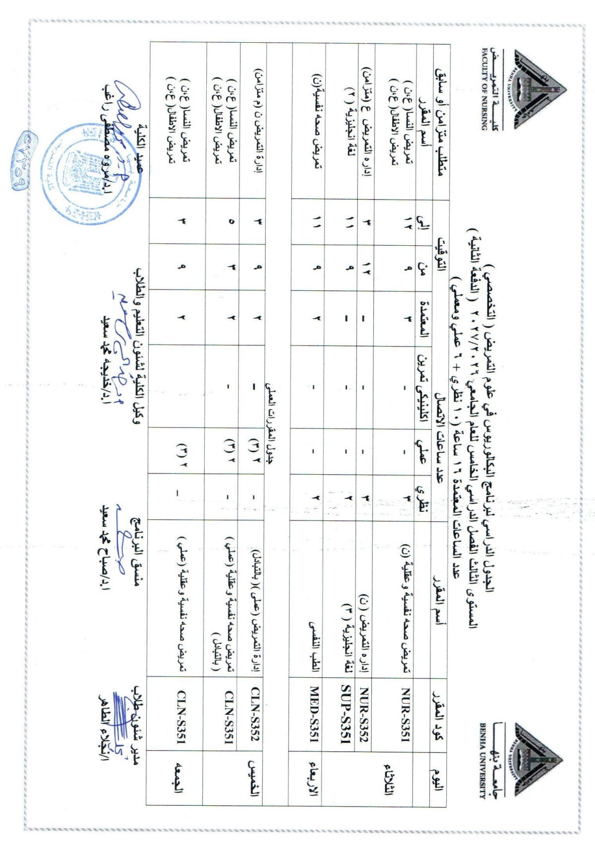 الجدول الدراسى لبرنامج البكالوريوس فى علوم التمريض ( التخصصى ) المستوى الثالث الفصل الدراسى الاول للعام الجامعى 2026/2027
