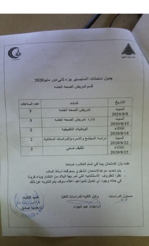 جدول امتحان ماجستير جزء ثانى قسم تمريض الصحة العامة دور مايو 2020
