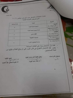 جدول امتحانات ماجستير جزء ثان قسم تمريض الصحه العامه