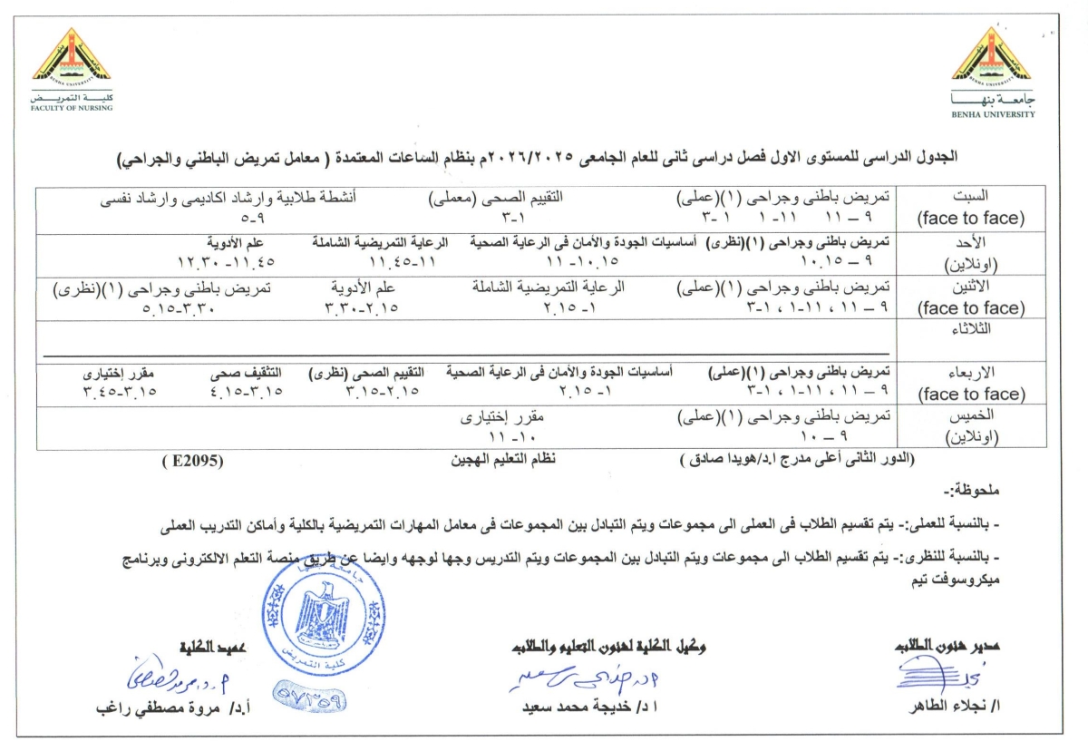 الجدول الدرااسى للمستوى الاول فصل دراسى ثانى للعام الجامعى 2025/2026 بنظام الساعات المعتمده ( معامل تمريض الباطنى والجراحى )