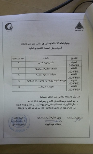 جدول امتحان ماجستير جزء ثانى قسم تمريض الصحة النفسية والعقلية دور مايو 2020