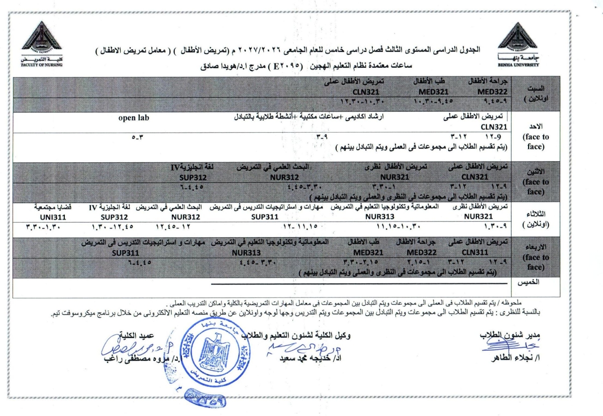 الجدول الدراسى المستوى الثالث  ( تمريض الاطفال ) فصل دراسى اول للعام الجامعى 2026/2027