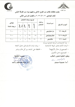 جدول امتحان تخلفات طلاب من الفرق الاعلى وعليهم مواد من الفرقة الاولى