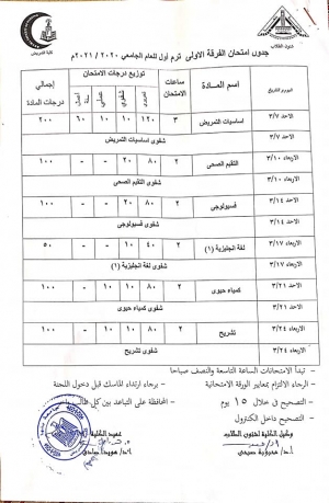 جدول امتحان الفرقة الاولى فصل دراسى أول العام الجامعى 2020-2021
