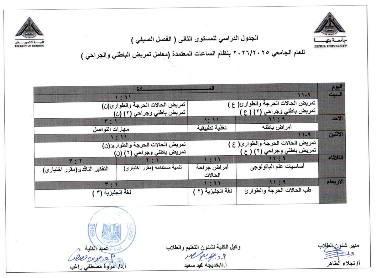 الجدول الدراسى للمستوى الثانى ( الفصل الصيفى ) للعام الجامعى 2025/2026 بنظام الساعات المعتمده