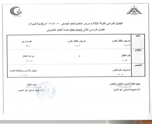 الجدول الدراسى للفرقة الثالثة ( تمريض الاطفال ) للعام الجامعى 2020/2021 م ( لائحة  قديمة ) الفصل الدراسى الثانى on line  