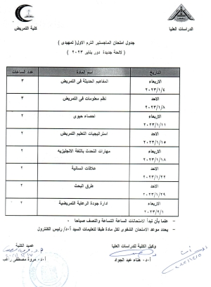 جدول امتحان الماجستير الترم الاول تمهيدى لائحه جديده دور يناير 2023