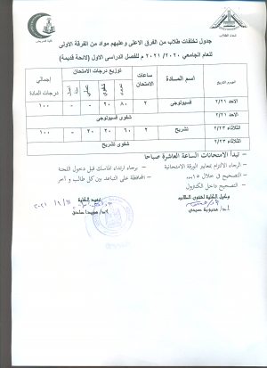 جدول امتحان تخلفات طلاب من الفرق الاعلى وعليهم مواد من الفرقة الثانية للعام الجامعى 2020/2021 للفصل الدراسى الاول لائحة قديمة