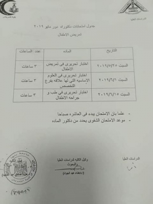 جدول امتحانات دكتوراة قسم تمريض الاطفال