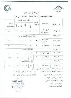 جدول امتحان الفرقة الثانية فصل دراسى أول للعام الجامعى 2020/2021